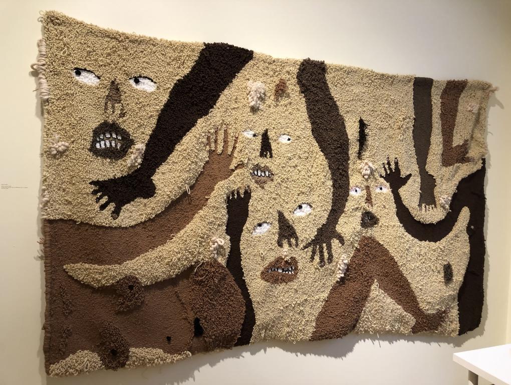 ANYA OR ANUM, 2020
.
Acrylic, wool, human hair, kanekalon hair on hessian
56 x 94 inches
.
Copyright: Anya Paintsil