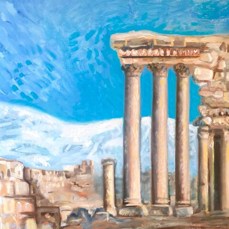 Architectural heritage, Baalbeck, Lebanon, oil on canvas, 40 h x 40 w cm