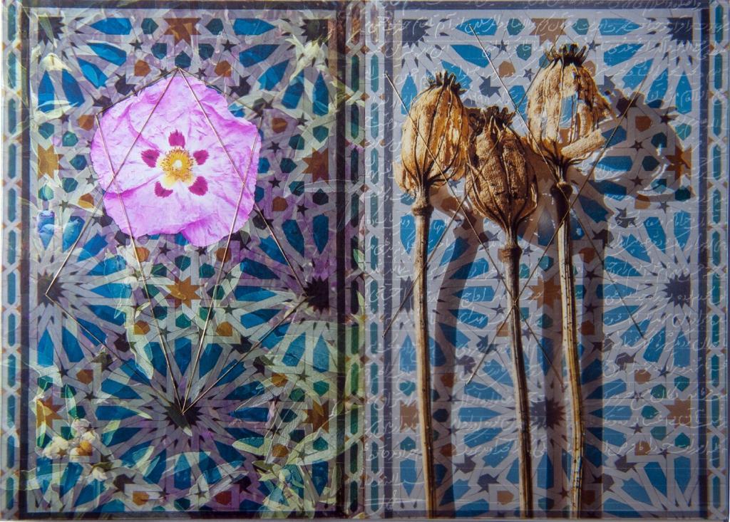 Between Two Breaths, by Batool Showghi,  2020
Five photographs creating a symbolic image of life. The dried poppies are placed on the artist's father’s handwritten will. Manipulated photographic imagery with stitching printed on transparency
c.Batool Show