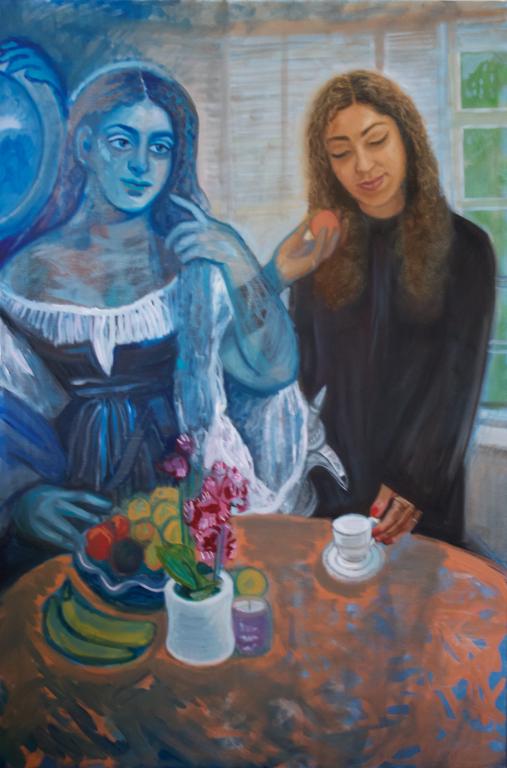 Self portrait inspired by Titian’s woman at the mirror/without man, oil on canvas,        120 h x 80 w cm, 2020 from the series: Home series