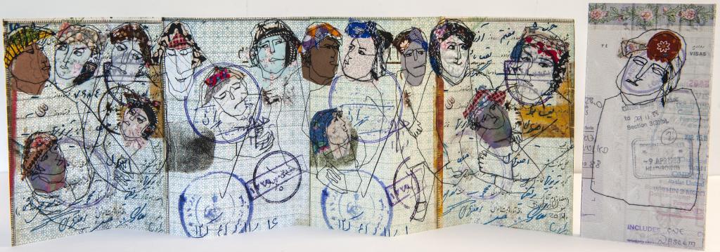 Immigrants Artist’s books Series, by Batool Showghi, 2019 – 2020
Unique artist’s books, based on the immigrants’ journey of displacement. Stitching and textile on birth certificates or passports documents with Farsi inscription 
© Batool Showghi