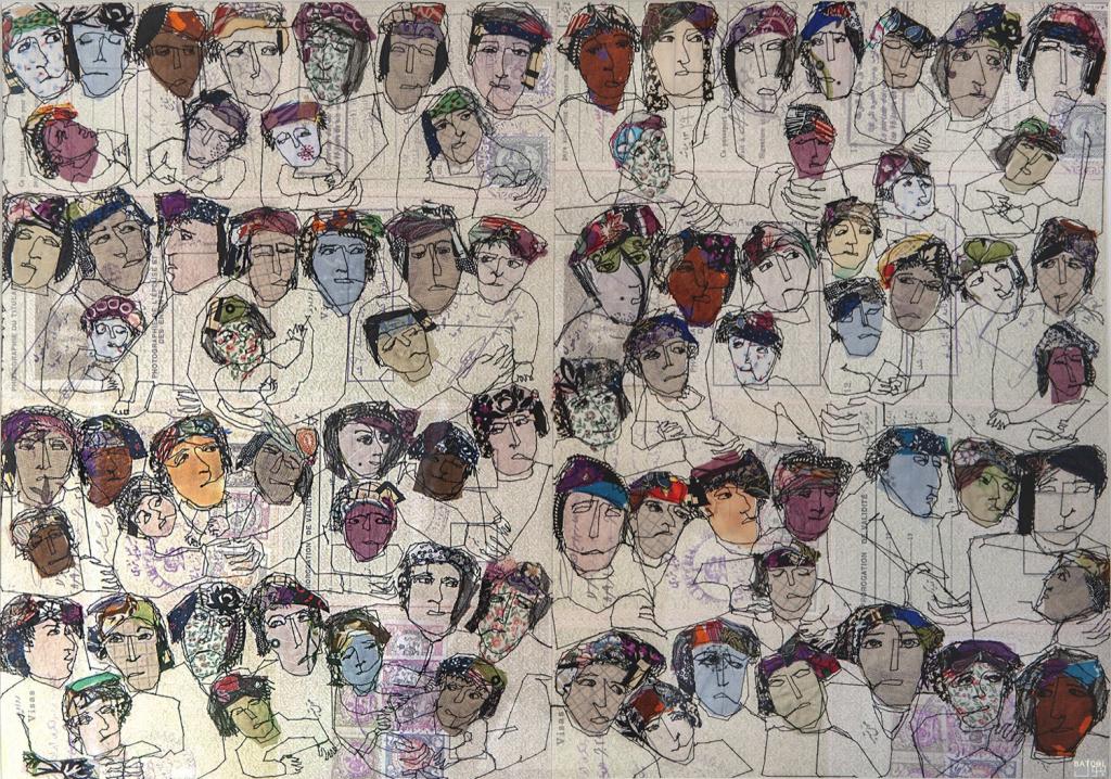 Displaced families, by Batool Showghi,
2018
Use of stitching and textiles on printed materials.
Size: 42 x 60 cm. Unique.
© Batool Showghi