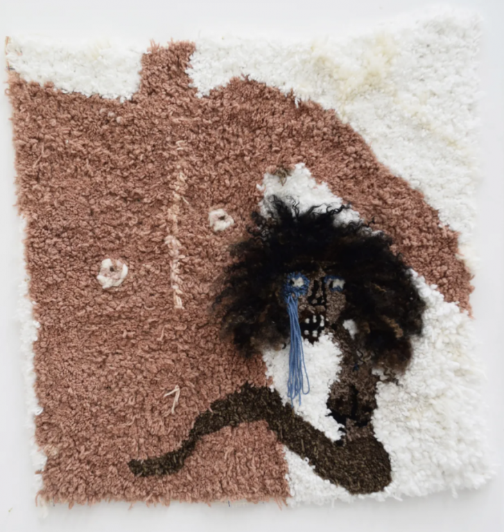 ME AND JACK , 2019
.
Latch hooked acrylic, wool, cotton and kanekalon hair and human hair on rug hooking canvas
39 x 39 inches
.
Copyright: Anya Paintsil