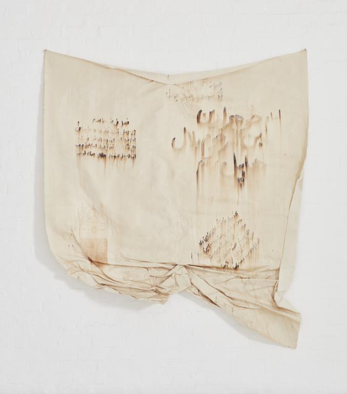 Kamyar Bineshtarigh, Untitled, Gairodien's Student Notebook VII), 2021, Ink, bleach, cold glue on canvas, 220 x 176 cm.
Amal Rakibi Gallery.
Picture courtesy of Menart Fair