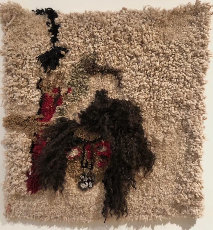 SELF PORTRAIT, 2018
.
Latch hooked acrylic, wool, cotton and kanekalon hair and human hair on rug hooking canvas.
39 x 39 inches
.
Copyright: Anya Paintsil